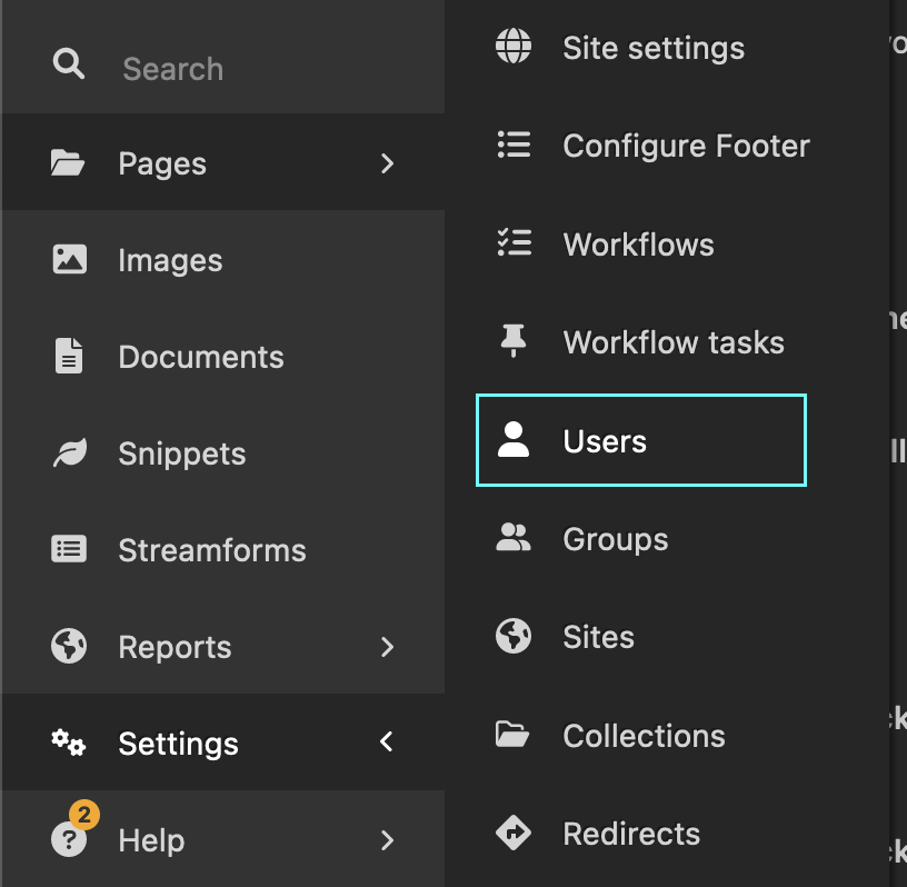 User settings in Wagtail's menu